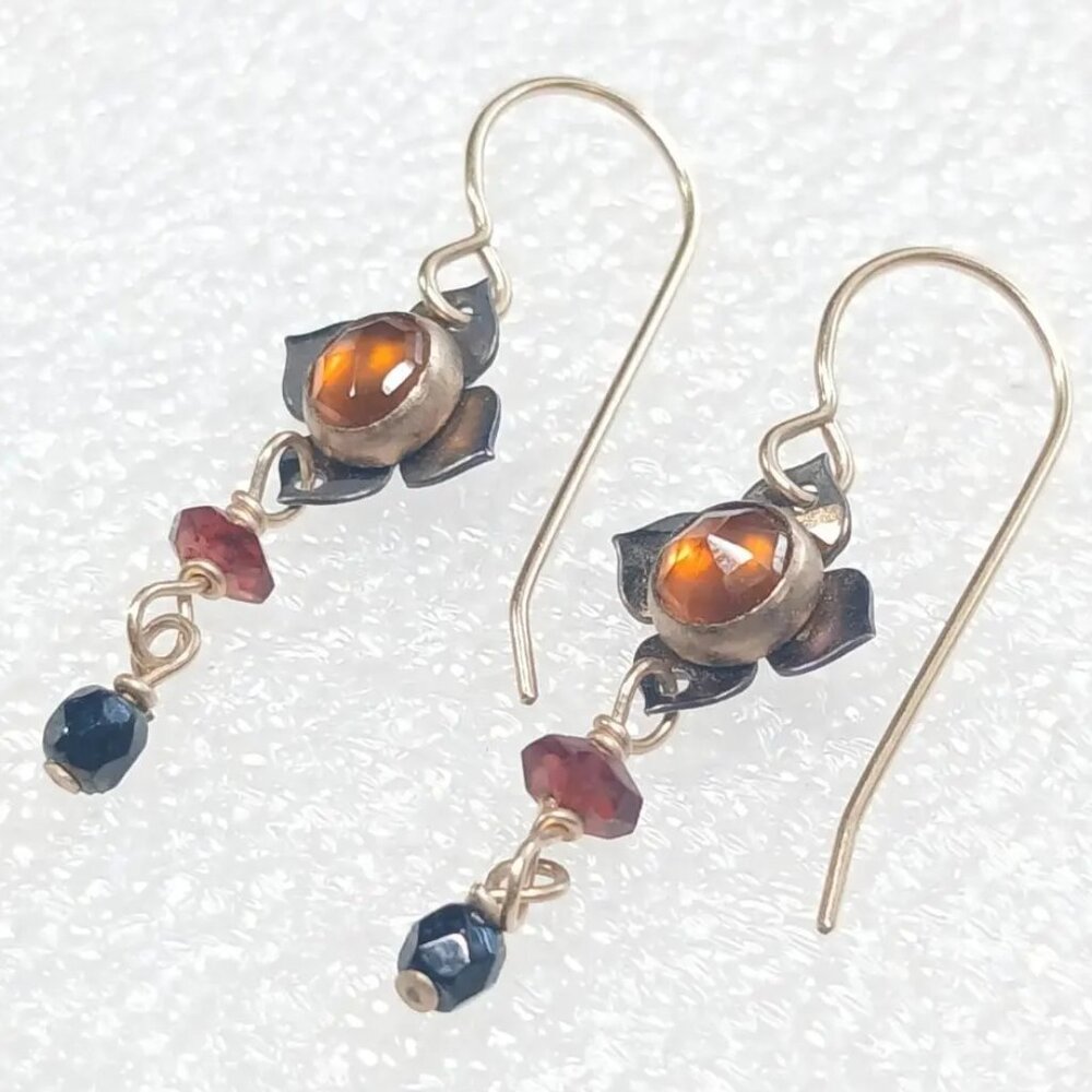 Amber Blue Glass Dangle Earrings Brass Setting 1” Drop Artisan Mixed Beads Boho
